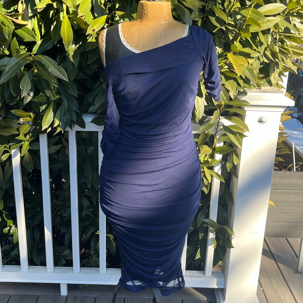 VENUS; Deep Navy Blue; Off/One Shoulder; Ruffle Body-Con; Midi; Slip On Dress; M